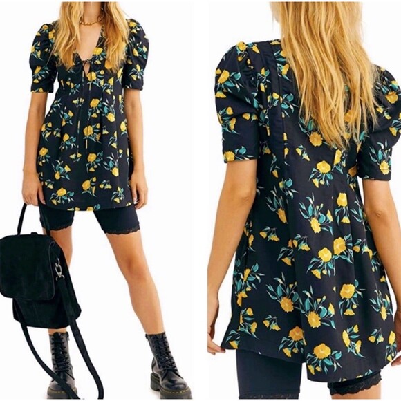 Free People Black Adelle Floral Printed Dress Pocket Short Sleeve Tunic L - Picture 1 of 13